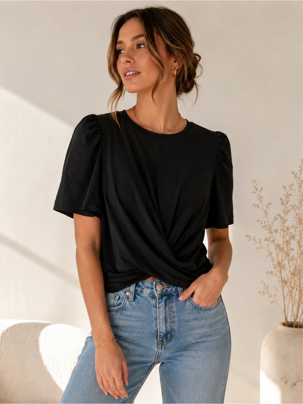 Olivaceous Black Puff Sleeve Twist Front Back Tie Crop Top | Small